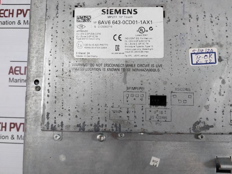 Siemens Simatic 1P 6Av6 643-0Cd01-1Ax1 Operator Interface PANEL Mp277 10 Touch S C-c5E60716