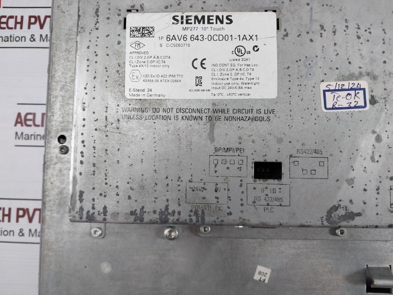 Siemens 1P 6Av6 643-0Cd01-1Ax1 Operator Interface Mp277 10 Touch S C-c5E60716
