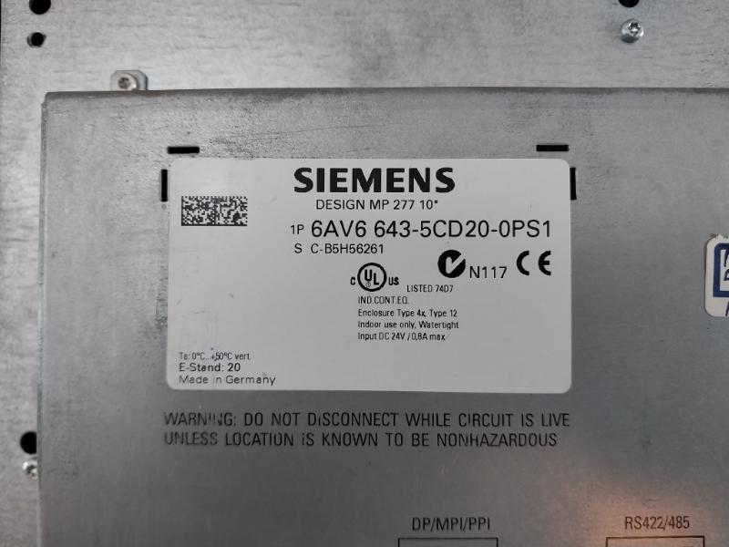 Siemens Simatic 1P 6Av6 643-5Cd20-0Ps1 Operator Interface S C-b5H56261 Dc 24V 0.8A