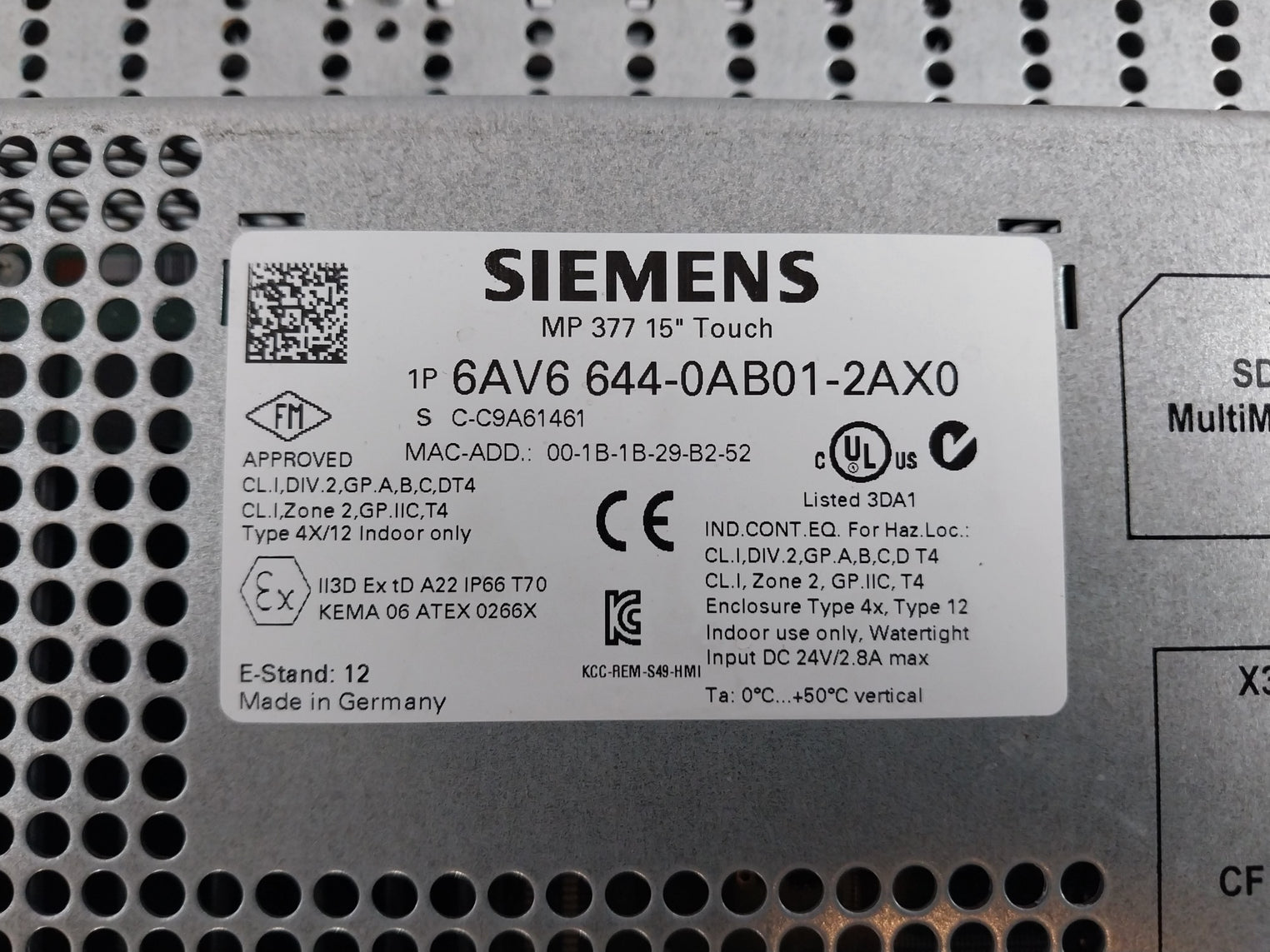 Siemens Simatic 1P 6Av6 644-0Ab01-2Ax0 Touch Panel