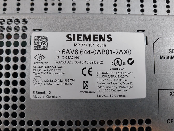 Siemens Simatic 1P 6Av6 644-0Ab01-2Ax0 Touch Panel