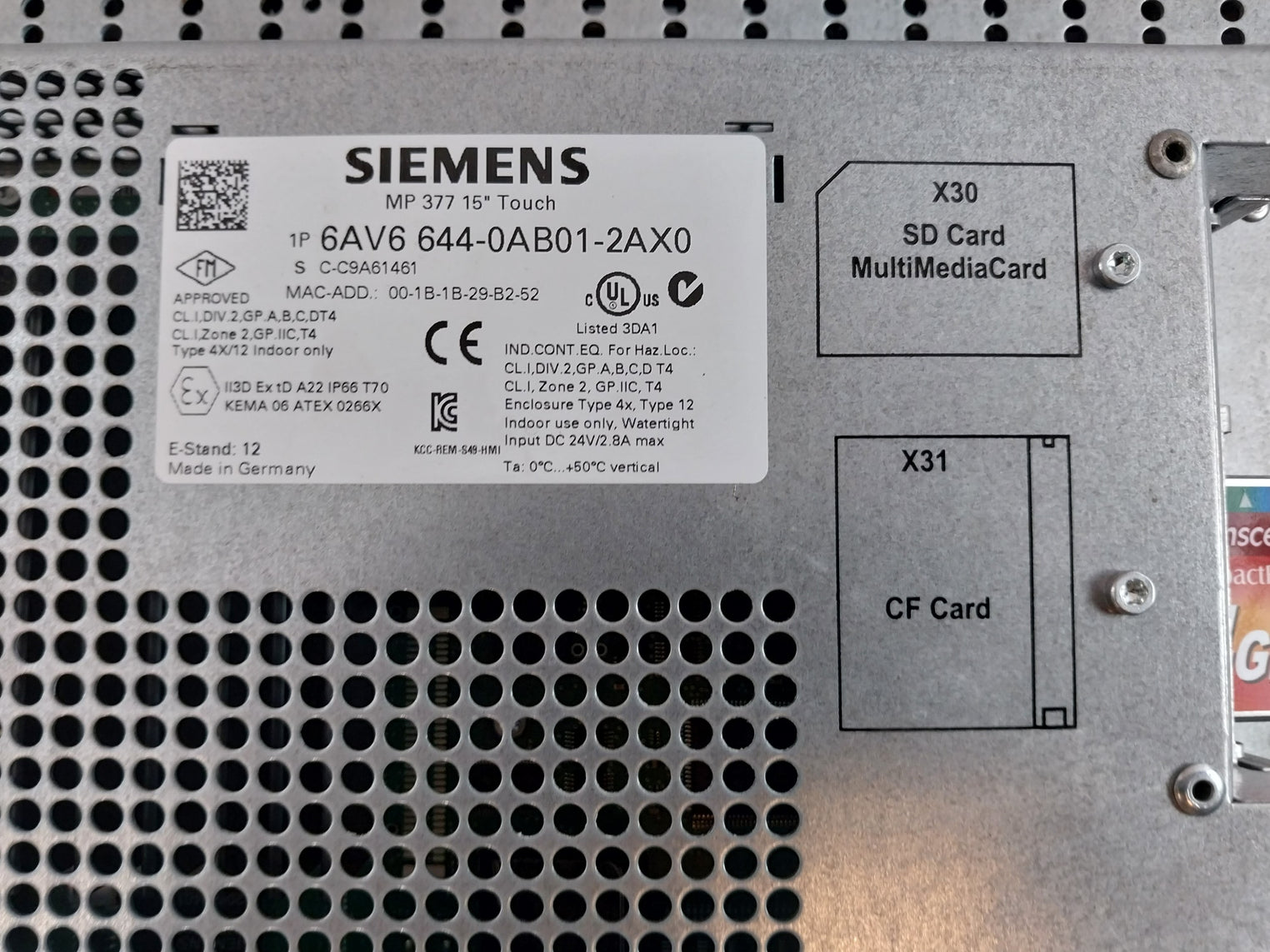 Siemens Simatic 1P 6Av6 644-0Ab01-2Ax0 Touch Panel