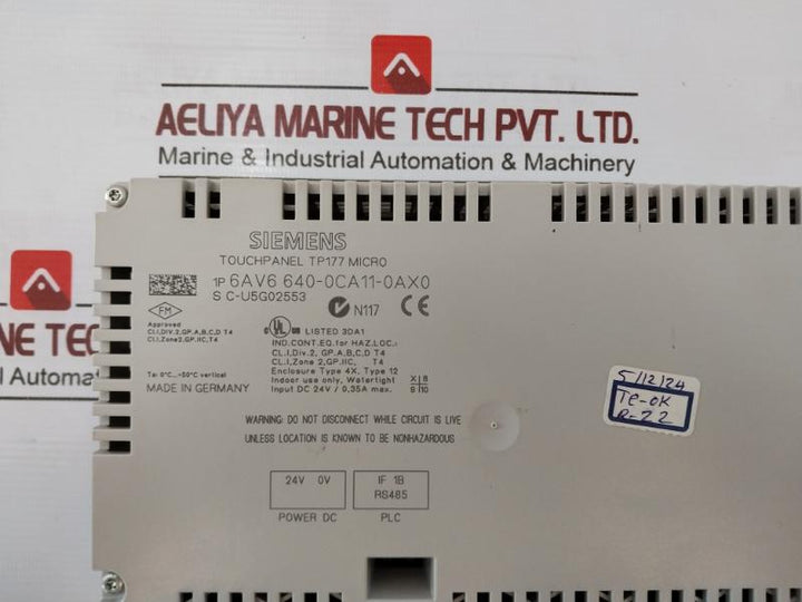 Siemens Simatic Tp177 Micro Touch Panel 6Av6 640-0Ca11-0Ax0 Hmi 24V Dc