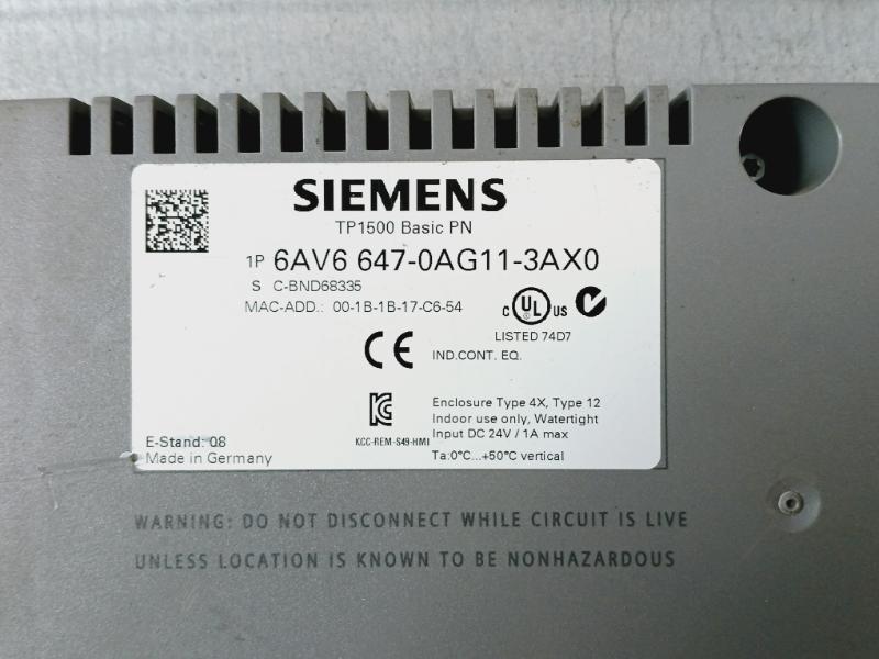 Siemens 6Av6 647-0Ag11-3Ax0 Simatic Touch Panel Dc 24V/1A Max Tp1500 Basic Pn