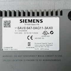 Siemens 6Av6 647-0Ag11-3Ax0 Simatic Touch Panel Dc 24V/1A Max Tp1500 Basic Pn