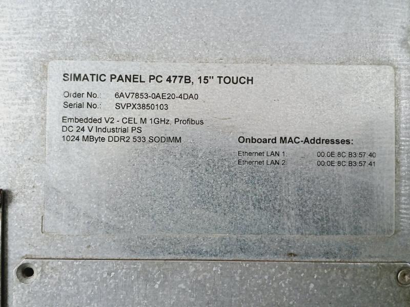 Siemens Simatic 6Av7853-0Ae20-4Da0 Panel Pc 477B 15 Inch Touchscreen Dc24V