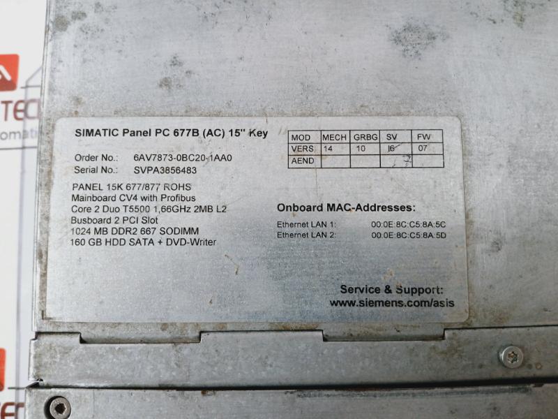 Siemens Simatic 6Av7873-0Bc20-1Aa0 Panel Mbit/S 2 Lan Ethernet 1.66Ghz 1024Mb 160Gb