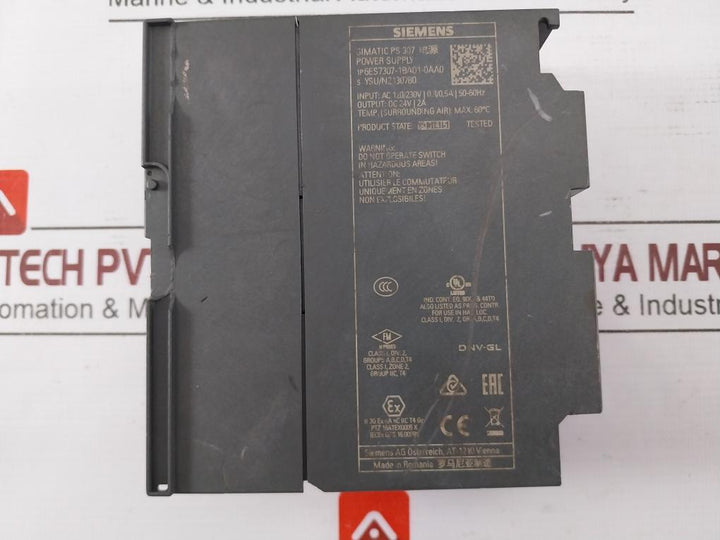 Siemens Simatic 6Es7307-1Ba01-0Aa0 Ps 307 Regulated Power Supply Module Dc24V 2A