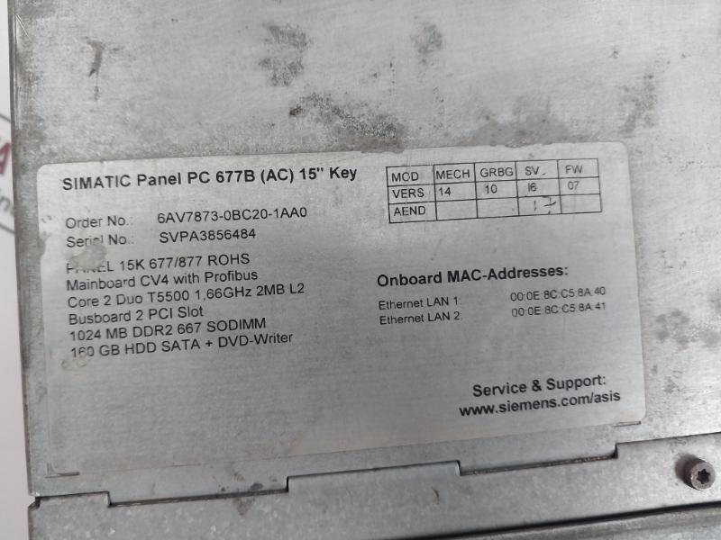 Siemens Simatic 6Av7873-0Bc20-1Aa0 Panel Pc 677B (Ac) 15" Key