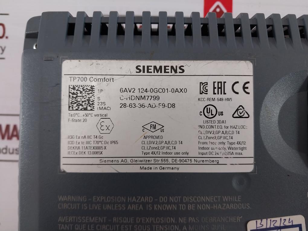 Siemens 6Av2 124-0Gc01-0Ax0 Simatic Hmi Tp700 Comfort Touch Panel