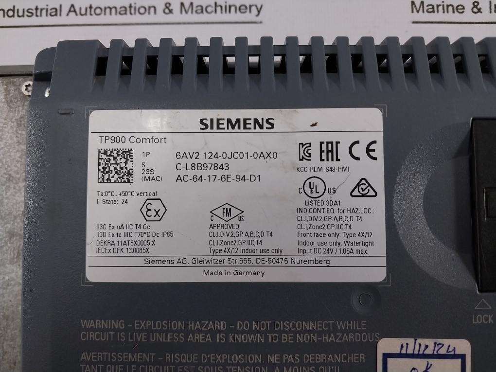 Siemens Simatic Hmi 6Av2 124-0Jc01-0Ax0 Tp900 Comfort Touch Panel Dc24V 1.05A