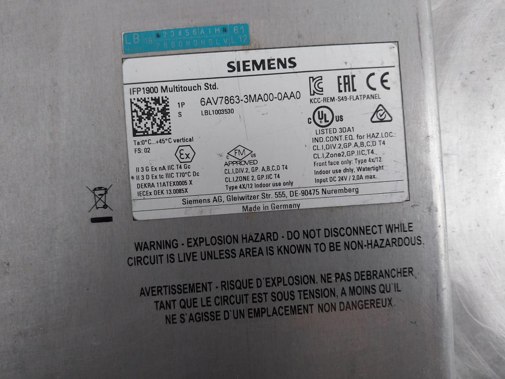 Siemens Simatic Hmi 6Av7863-3Ma00-0Aa0 Ifp 1900 Multitouch Panel 100-240V