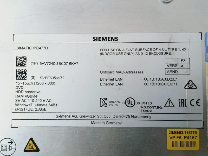 Siemens Ipc477D Simatic Display Touch Panel 6Av7240-3Bc07-6Ka7 100-240V/50-60Hz