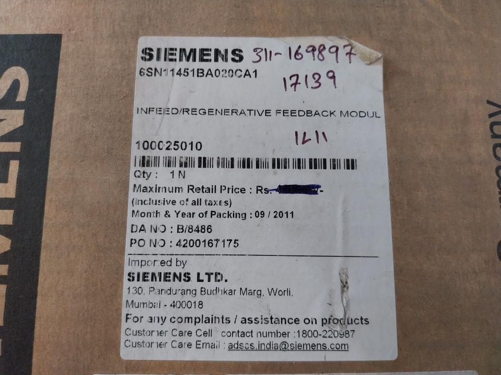 Siemens Simodrive 611 6Sn1145-1Ba02-0Ca1 Infeed/Regenerative Feedback Module