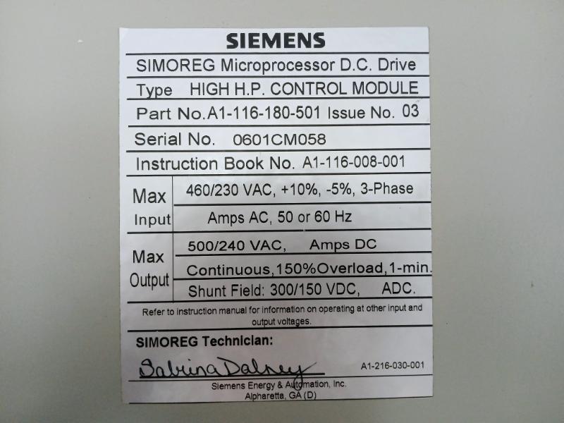 Siemens Simoreg A1-116-180-501 Microprocessor D.C. Drive