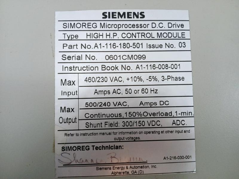 Siemens Simoreg Microprocessor D.C. Drive A1-116-180-501