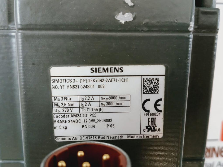 Siemens Simotics 3~ (1P) 1Fk7042-2Af71-1Ch1 Synchronous Motor Ip65