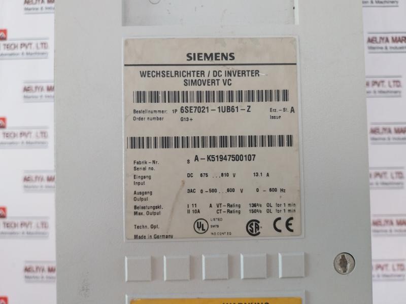 Siemens Simovert Vc 6Se7021-1Ub61-z Dc Inverter 3Ac 0-500â€¦600V 0-600Hz