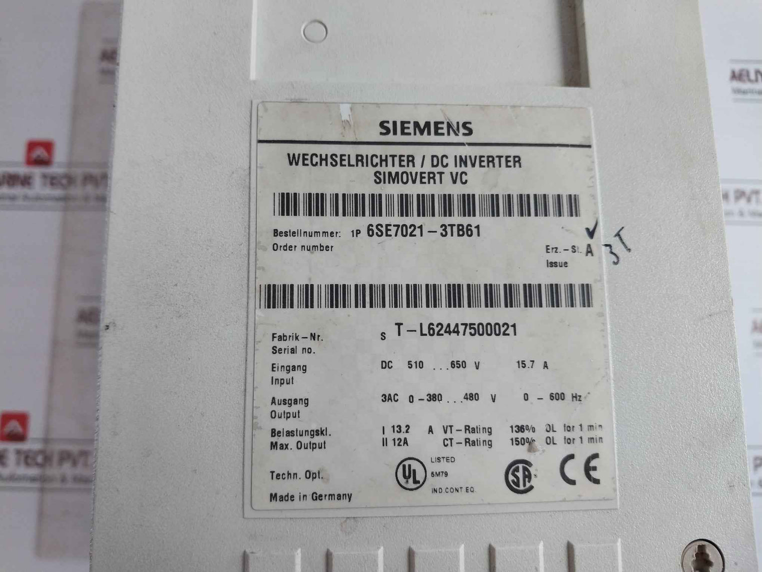 Siemens Simovert Vc 6Se7021-3Tb61 Dc Inverter 94V-0 (Not Working)