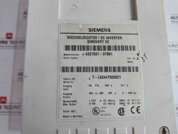 Siemens Simovert Vc 6Se7021-3Tb61 Dc Inverter 94V-0 (Not Working)