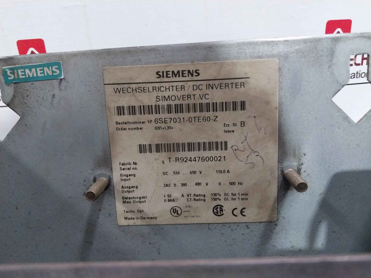 Siemens Simovert Vc 6Se7031-0Te60-z Dc Inverter G91+L30+ Dc 510-650 V 110.0A