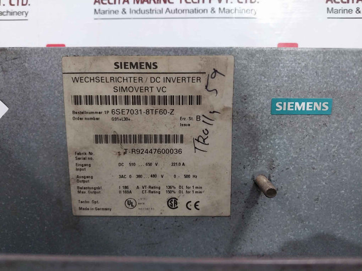 Siemens Simovert Vc 6Se7031-8Tf60-z Dc Inverter Drive G91+L30+ Dc 510-650V 221.0A