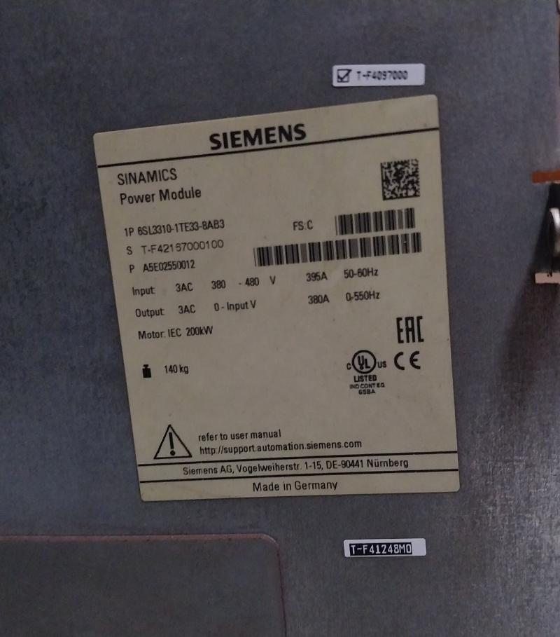 Siemens 1P 6Sl3310-1Te33-8Ab3 Sinamics Converter Power Module Ip10 380-480V 395A