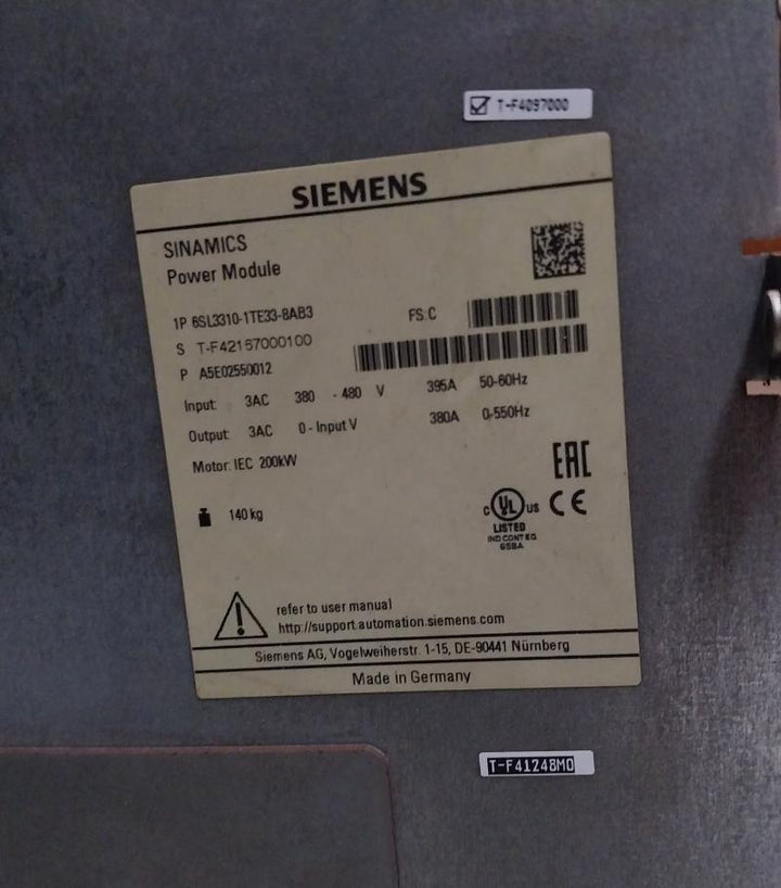Siemens 1P 6Sl3310-1Te33-8Ab3 Sinamics Converter Power Module Ip10 380-480V 395A