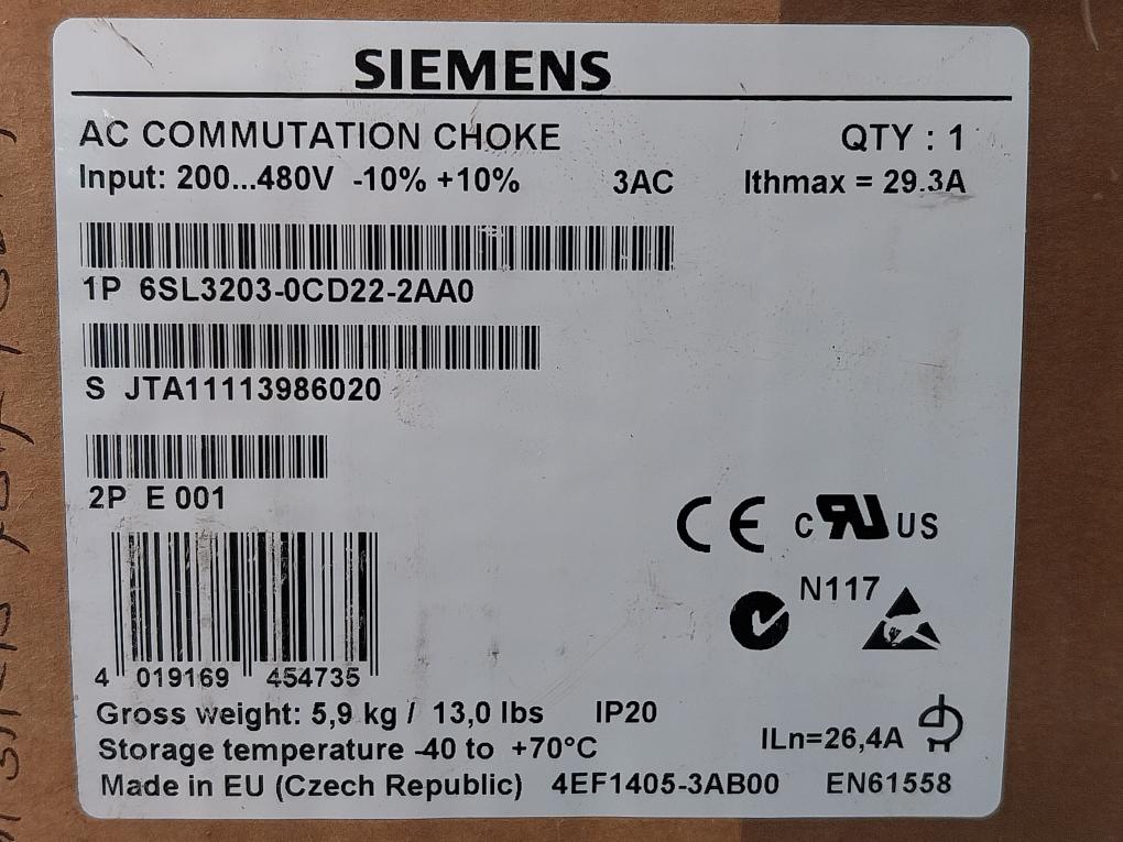 Siemens Sinamics G120 6Sl3203-0Cd22-2Aa0 Ac Commutation Choke