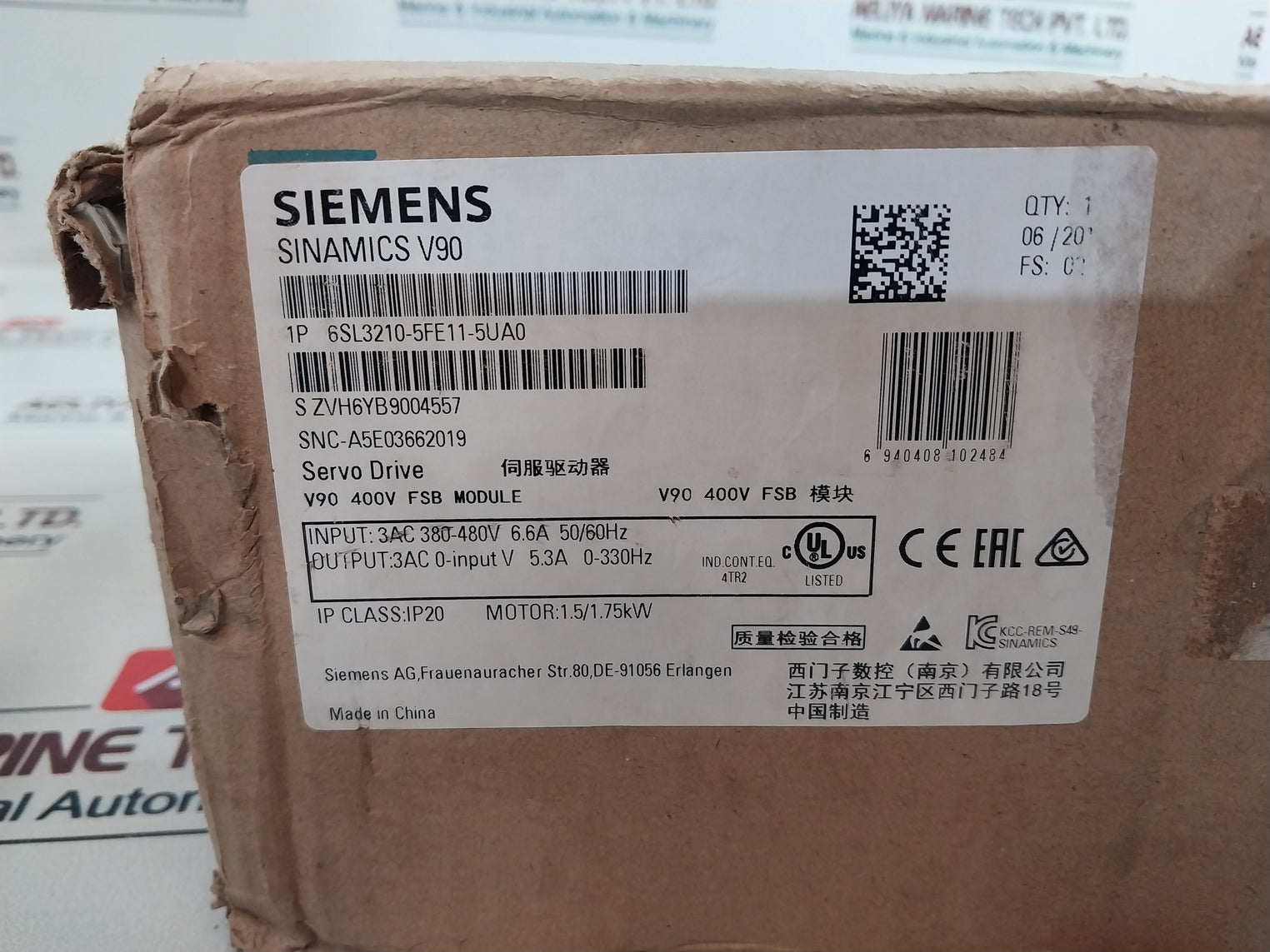 Siemens Sinamics V90 Servo Drive 400V Fsb Module 6Sl3210-5Fe11-5Ua0