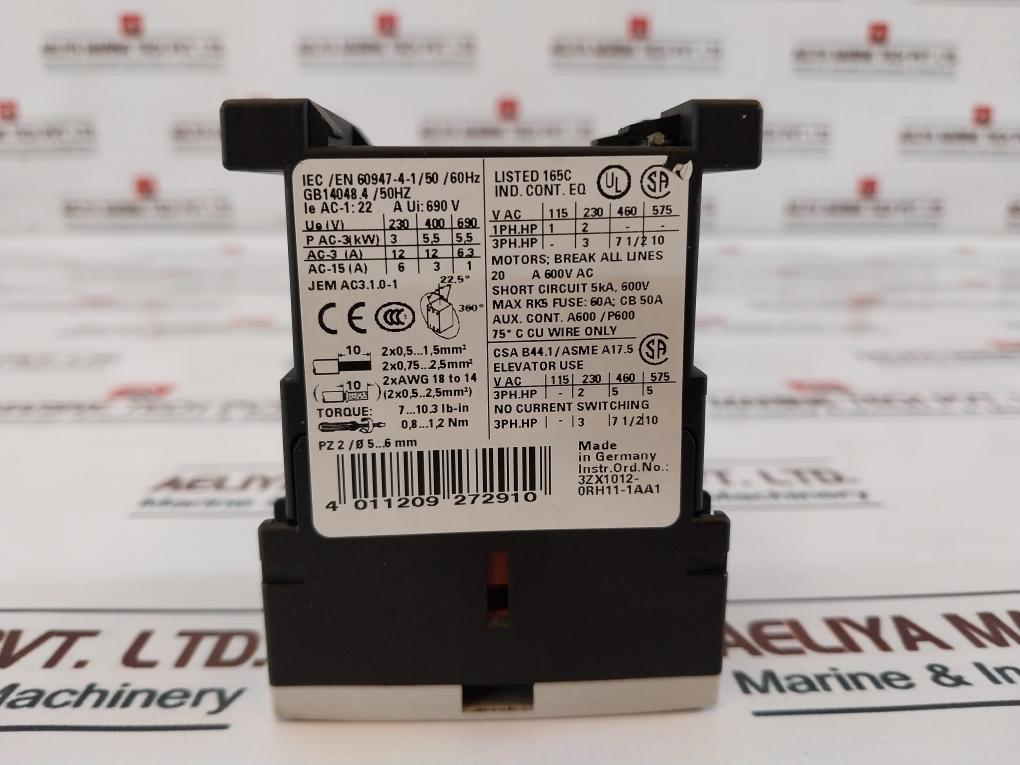 Siemens Sirius 3Rt1017-1Hb42 Power Contactor 0.8-1.2Nm 20A 600Vac 50/60Hz