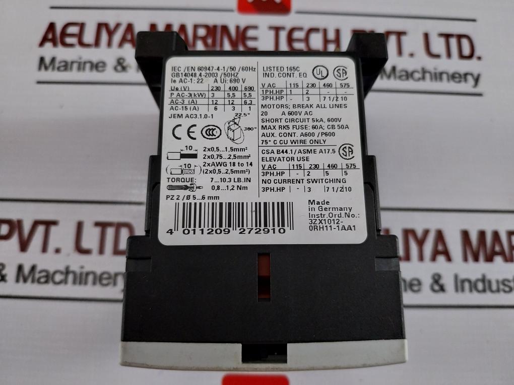 Siemens Sirius 3Rt1017-1Hb42 Power Contactor Ac-1: 22A 690 V Dc 17…30V