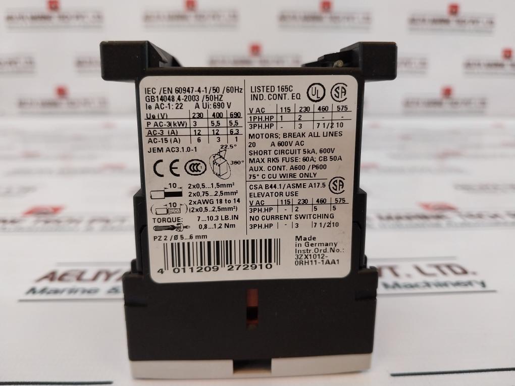 Siemens Sirius 3Rt1017-1Hb42 Power Contactor Dc 17-30V 20A 600Vac 50/60Hz