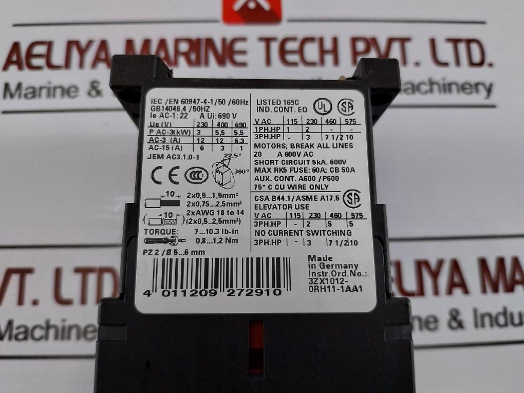 Siemens Sirius 3Rt1017-1Hb42 Power Contactor Dc 17…30V Ac-1: 22A 690V