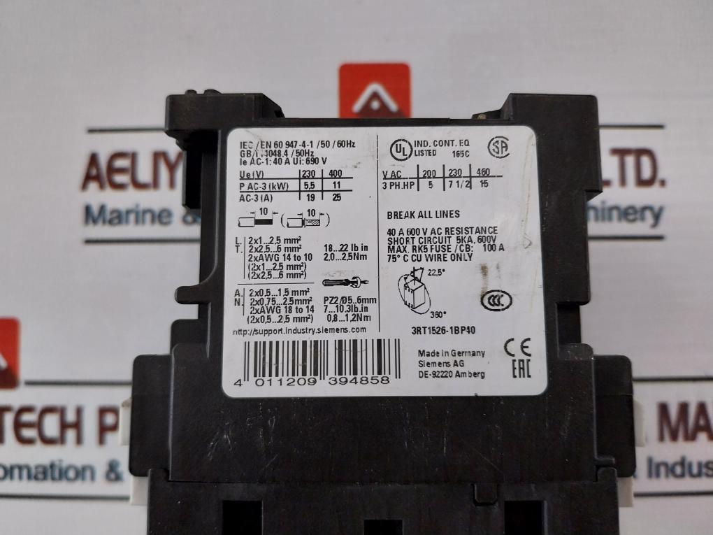 Siemens Sirius 3Rt1526-1Bp40 Contactor 40A 600Vac