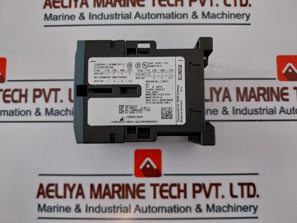 Siemens Sirius 3Rt2016-1Ap01 Power Contactor 3 Pole 9A 230V 50/60Hz