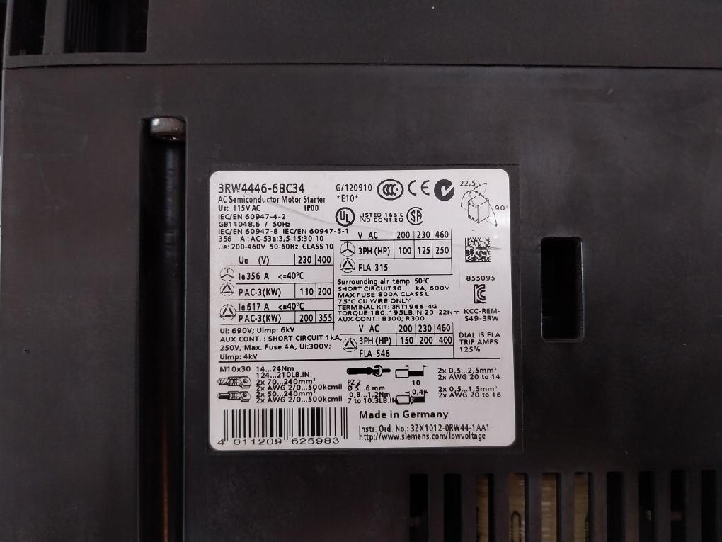 Siemens Sirius 3Rw4446-6Bc34 Ac Semiconductor Motor Starter 200-460V 50-60Hz