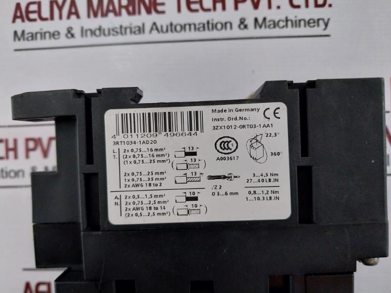 Siemens Sirius 3rt1034-1ad20 Power Contactor 10a / 240v Ie Ac-1: 50a