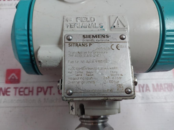 Siemens Sitrans P 7Mf4033-1Ea10-2Nc1 Pressure Transmitter 4-20Ma Hart Ip65