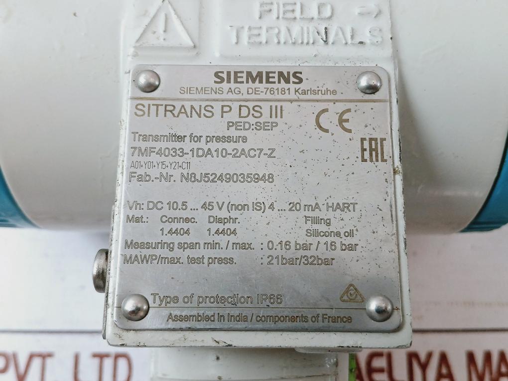 Siemens Sitrans P Ds Iii 7Mf4033-1Da10-2Ac7-z Pressure Transmitter Dc 10.5–45V 3