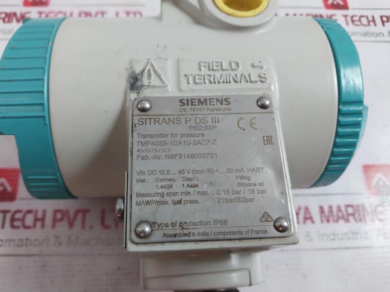 Siemens Sitrans P Ds Iii 7Mf4033-1Da10-2Ac7-z Pressure Transmitter 21 Bar 1.4404