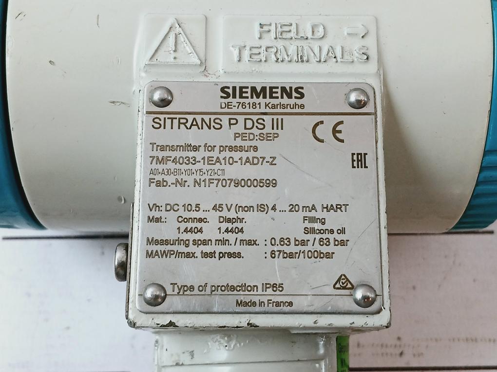 Siemens Sitrans P Ds Iii 7Mf4033-1Ea10-1Ad7-z Pressure Transmitter 0011.03.06