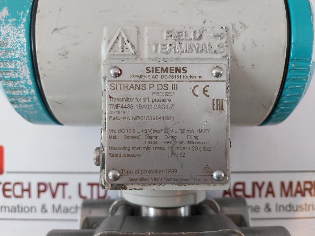 Siemens Sitrans P Ds Iii 7Mf4433-1Ba02-2Ac6-z Differential Pressure Transmitter 1Mbar/20 Mbar