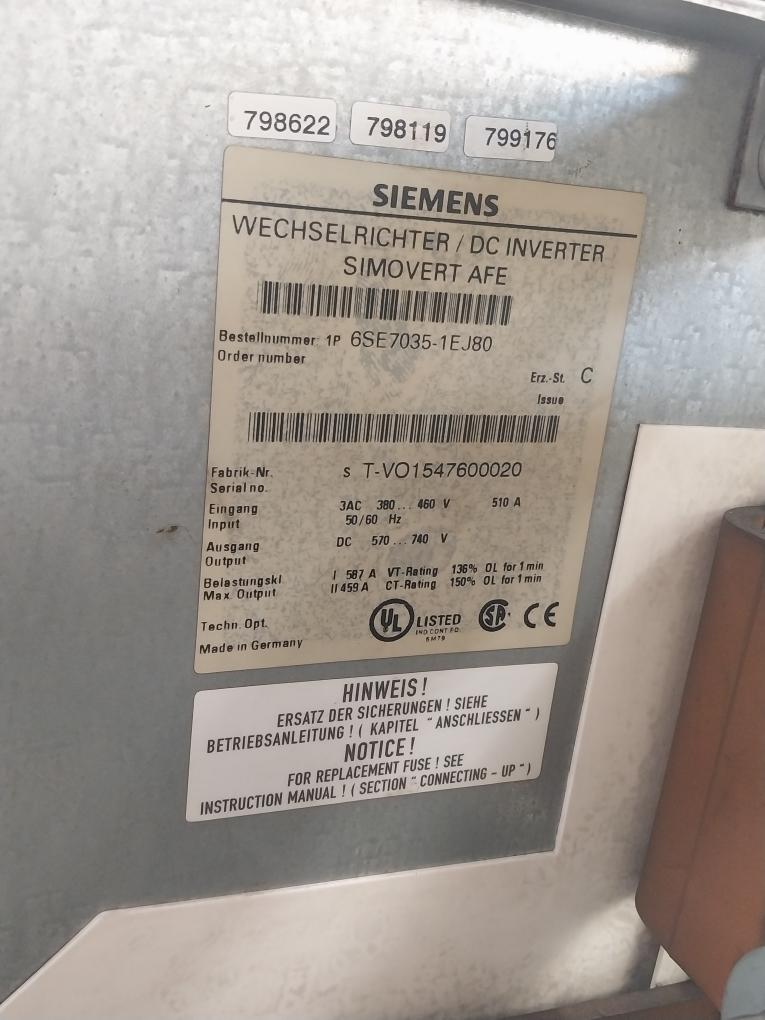 Siemens 1P 6Se7035-1Ej80 Simovert Afe Dc Inverter 6Sy7000-0Ad86 380-460V 510A