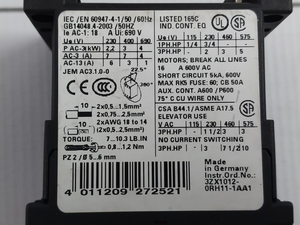Siemens 3Rt1015-1Ap01 Sirius Power Contactor 230V 50/60Hz 18A