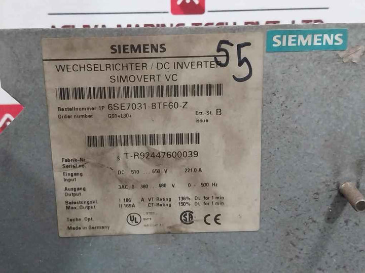 Siemens 6Se7031-8Tf60-z Simovert Vc Dc Inverter G91+L30+ Dc510-650V 0-500 Hz