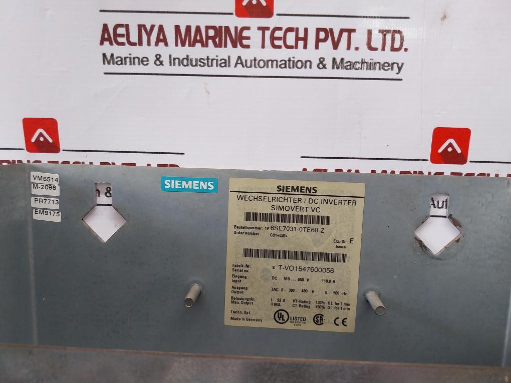 Siemens 6Se7031-0Te60-z Simovert Vc Dc Inverter Dc510–650V 110.0A 0–500Hz