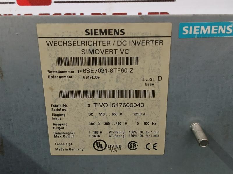 Siemens 6Se7031-8Tf60 Dc Inverter Simovert Motor Drive Vc , 230V~ 60Hz