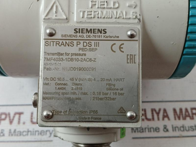 Siemens Sitrans P Ds Iii 7Mf4033-1Db10-2Ac6-zPressure Transmitter 4-20 Ma Ip66