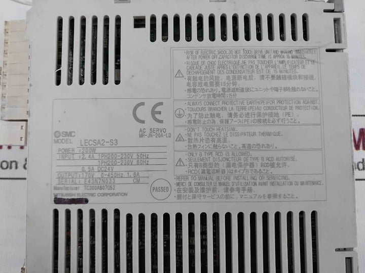 Smc Lecsa2-s3 Ac Servo Motor Driver 200W 2.4A Dc24V Tc300A607G52 (Not Working)